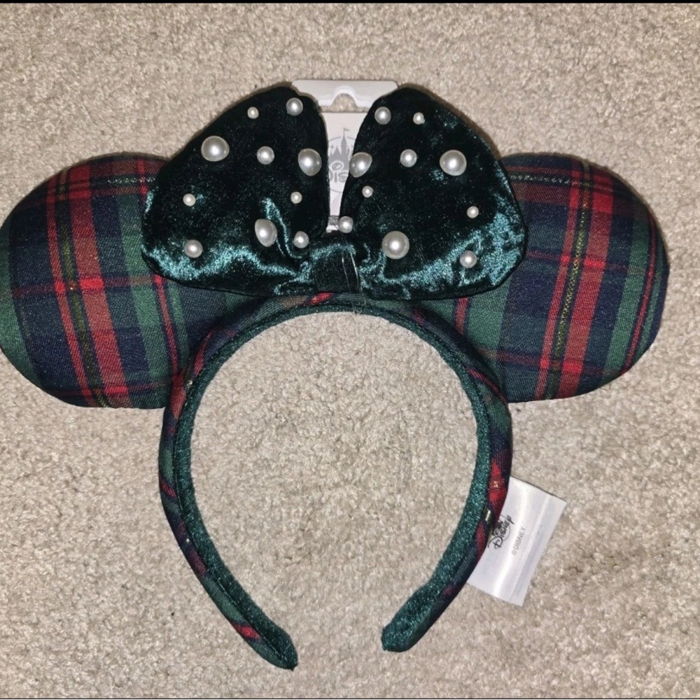 Disney holiday Minnie Green and Red Plaid Ears with Velvet Bow